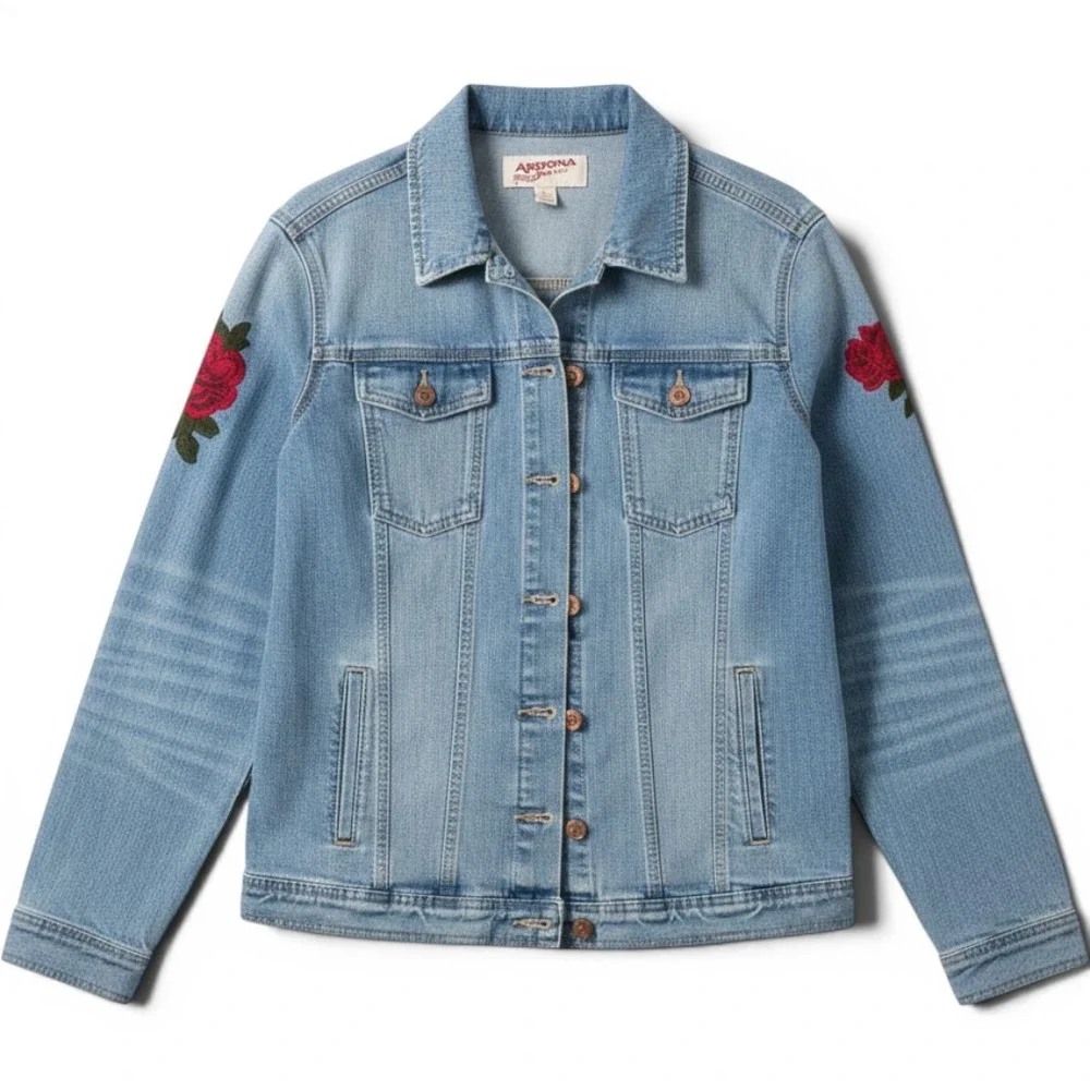 Arizona Jean Women's Size L Denim Jacket Embroidered Roses 90s Grunge ALT E-Girl